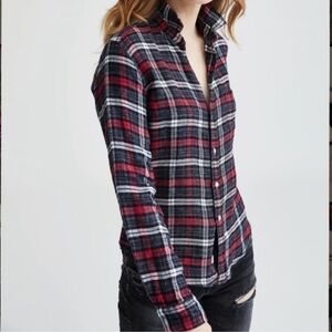 Frank & Eileen Barry Button Down Shirt Womens Small Linen Plaid Preppy Western